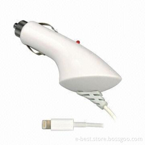 Car charger with fixed iPhone 5 cable, 12 to 24V input voltage